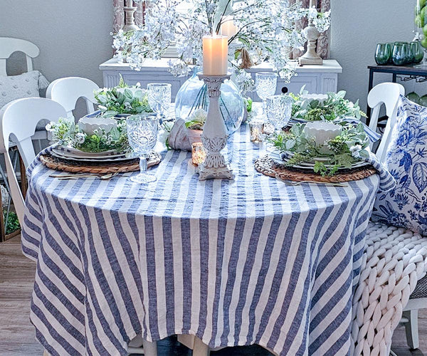 Farmhouse Stripe Linen Round Tablecloth