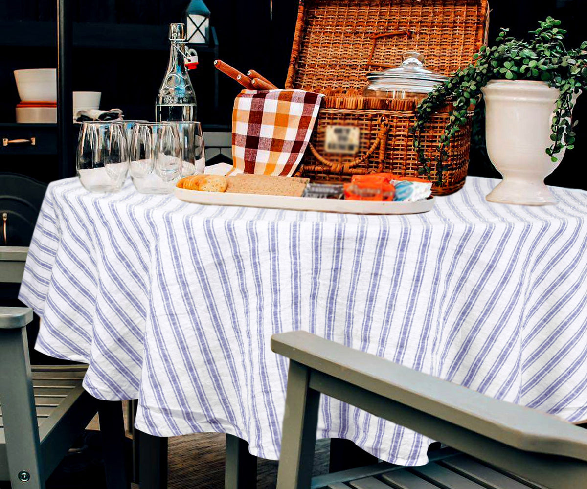 Homestead Stripe Linen Tablecloth -  Round Tablecloth 60 inch