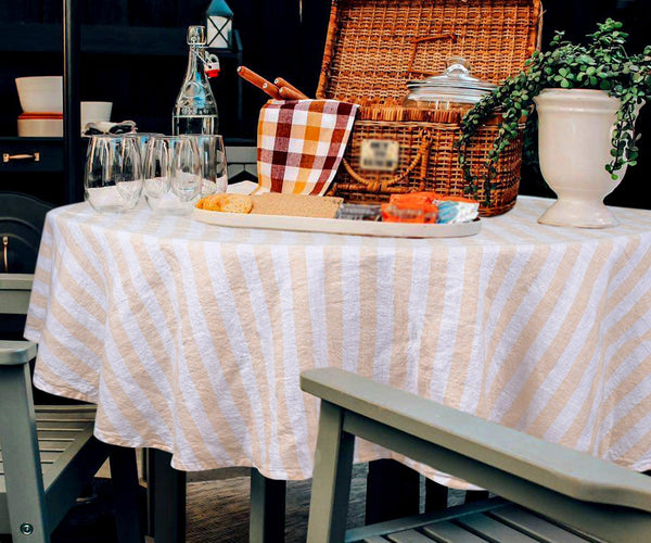 Farmhouse Stripe Linen Round Tablecloth
