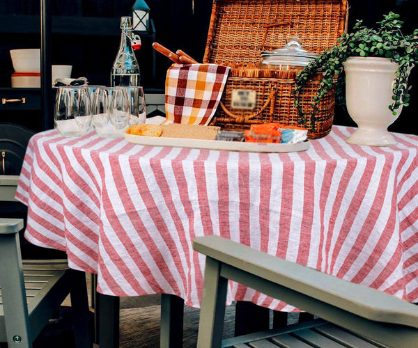 Farmhouse Stripe Linen Round Tablecloth