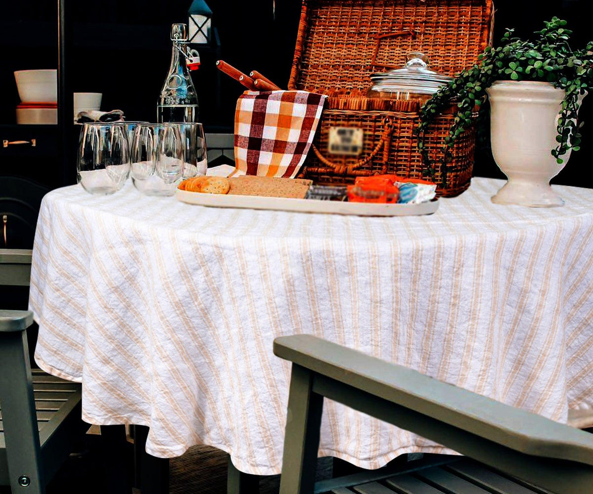 Homestead Stripe Linen Tablecloth -  Round Tablecloth 60 inch
