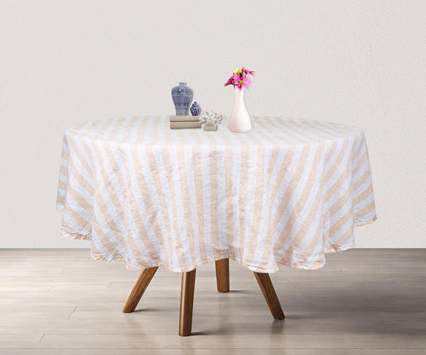 Farmhouse Stripe Linen Round Tablecloth