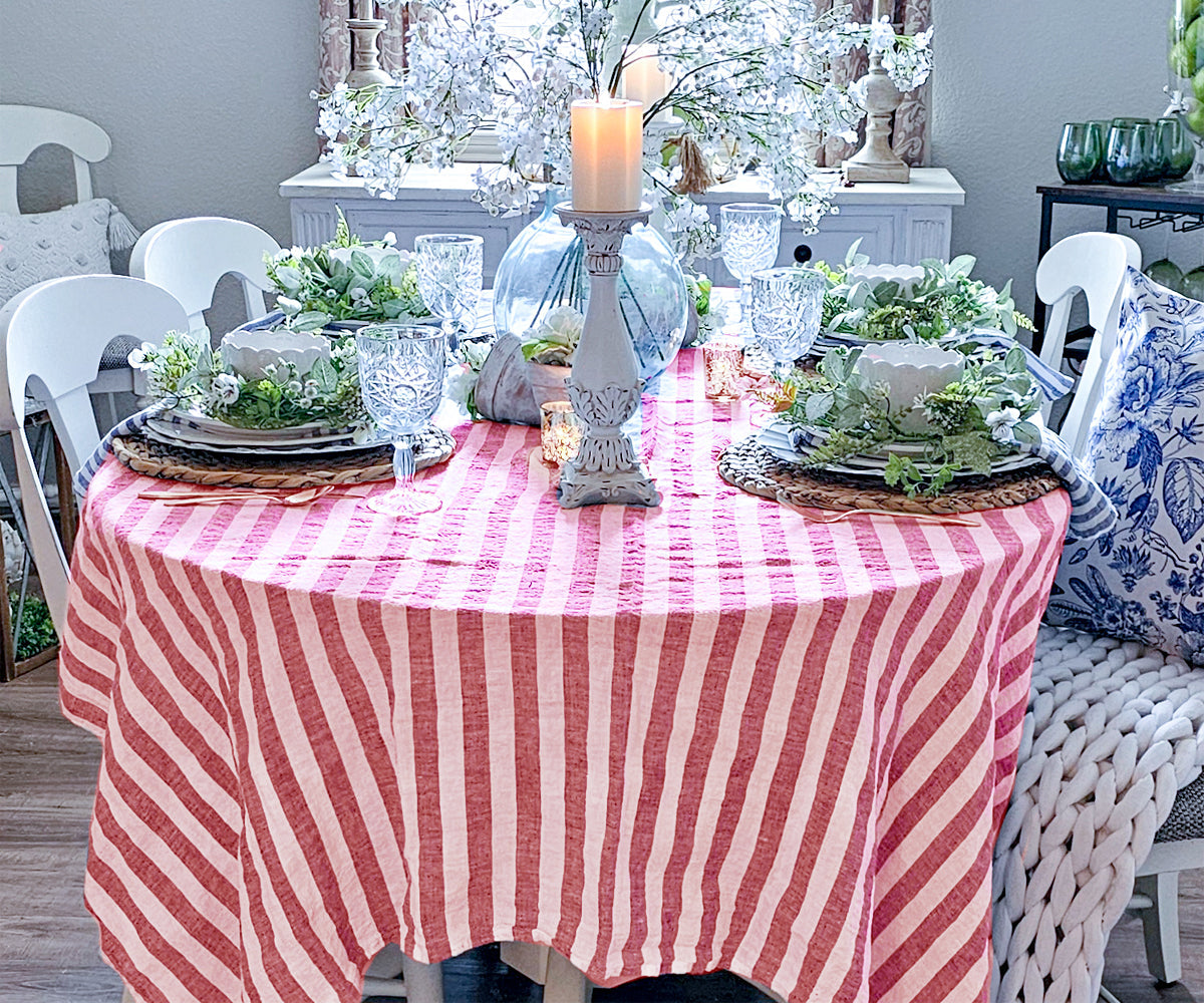 Farmhouse Stripe Linen Round Tablecloth
