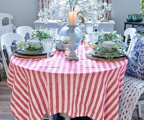Farmhouse Stripe Linen Round Tablecloth