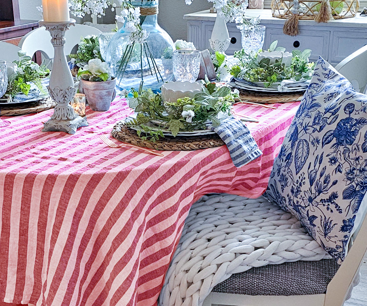 Farmhouse Stripe Linen Round Tablecloth
