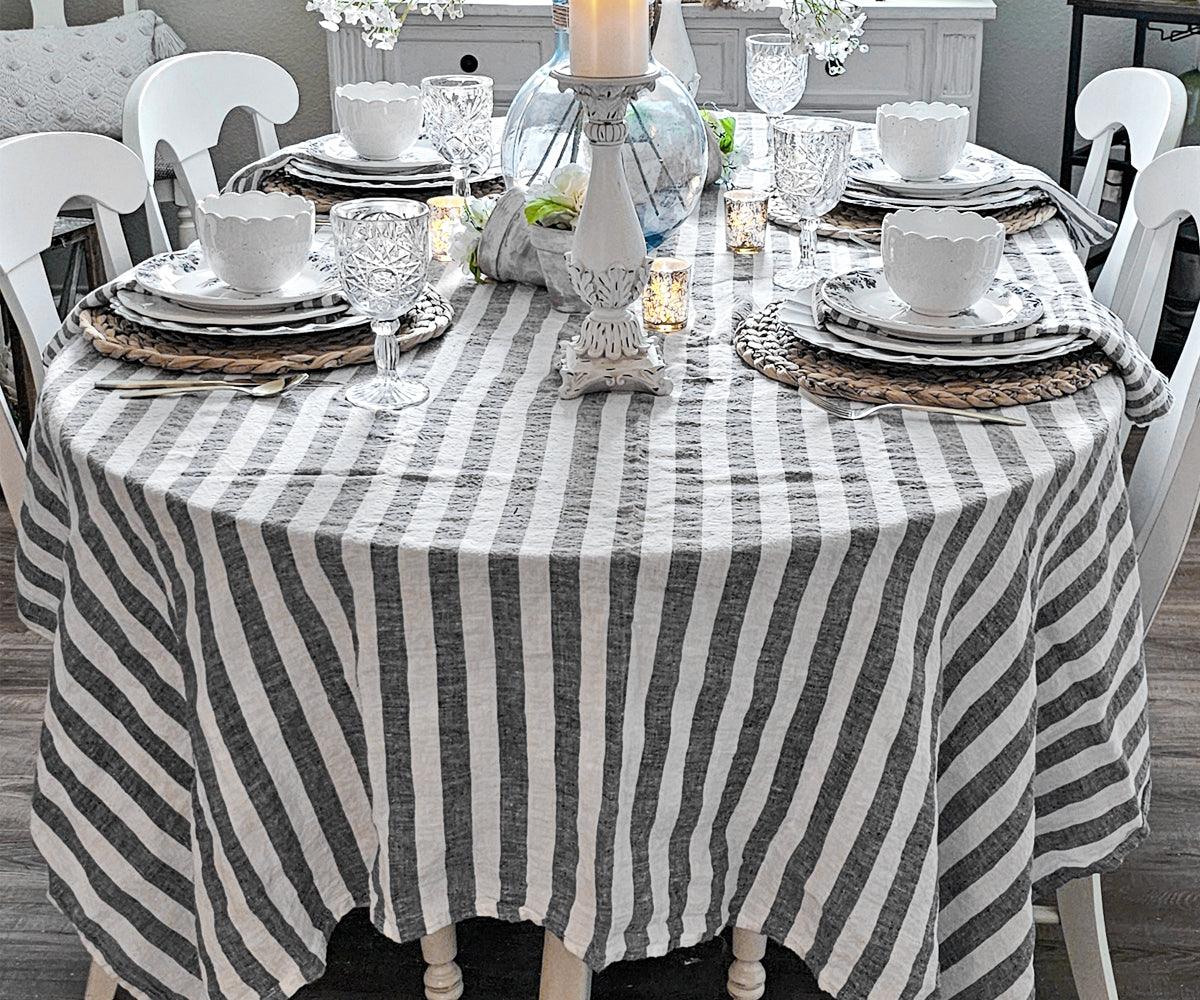 Farmhouse Stripe Linen Round Tablecloth