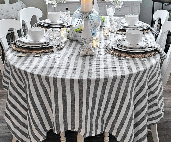 Farmhouse Stripe Linen Round Tablecloth