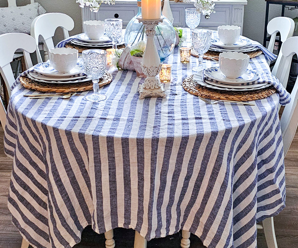 Farmhouse Stripe Linen Round Tablecloth