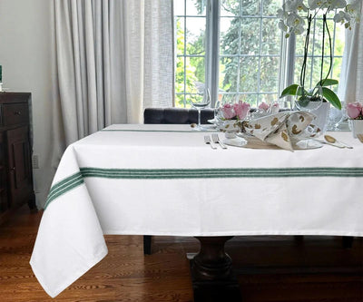 White Cotton Tablecloth - Green Striped