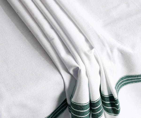 White Cotton Tablecloth - Green Striped