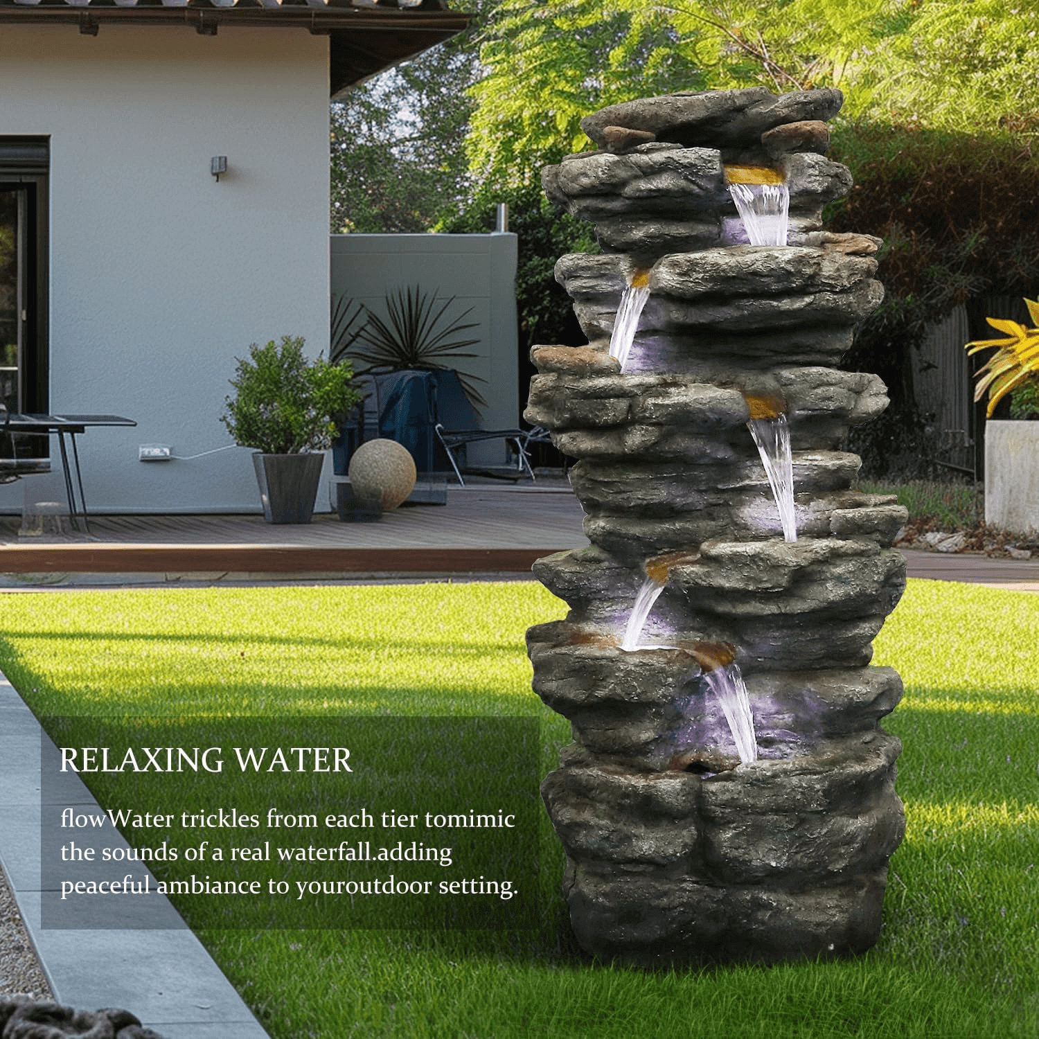 Resin Flagstone Outdoor Water Fountain with Moss 40 in