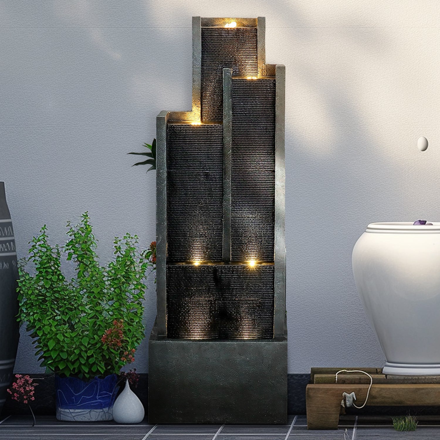 Resin Ribbed Slate Outdoor Water Fountain Quiet 50 in