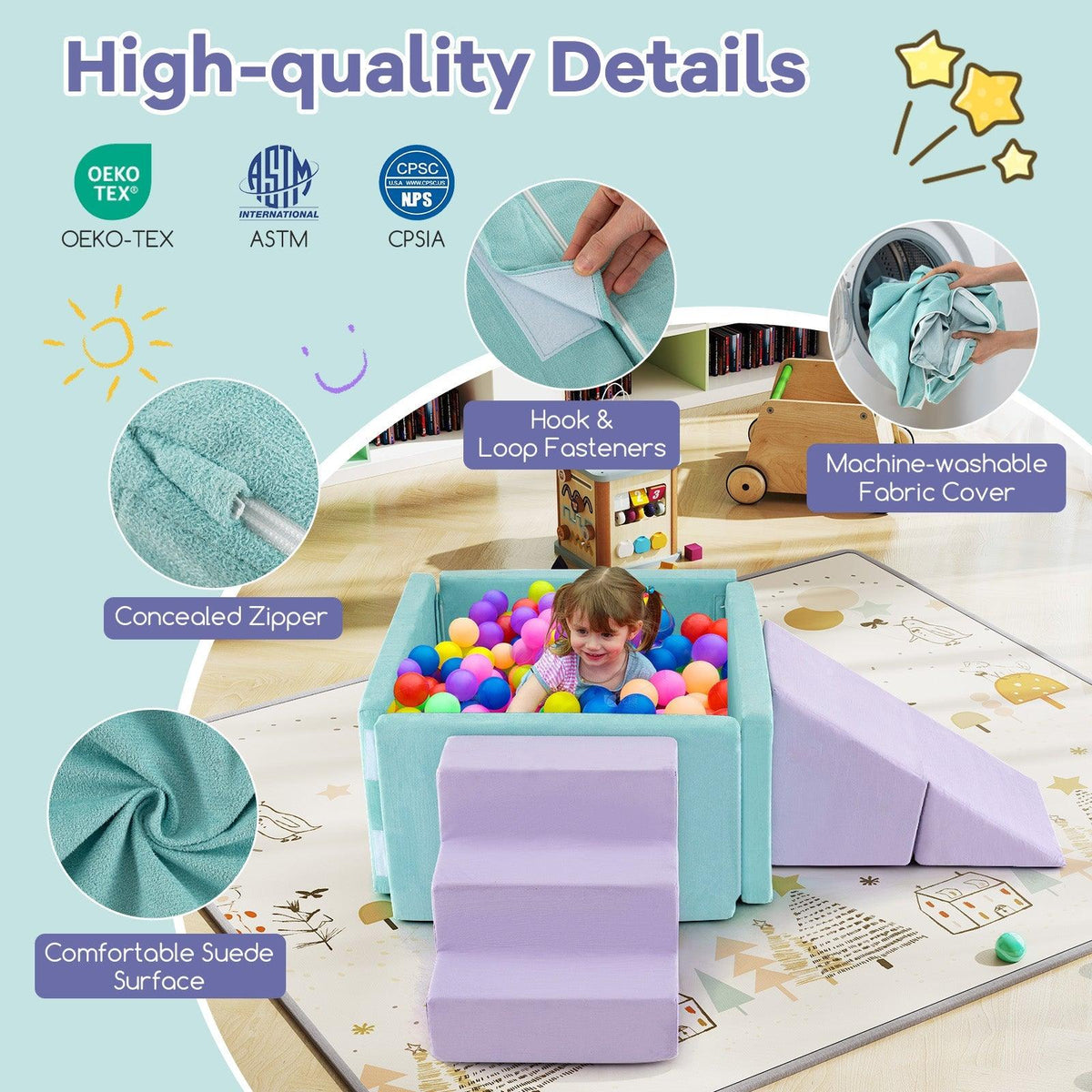 3-in-1 Suede Fabric Soft Play Set Foam Climbing Blocks for Toddlers-Purple
