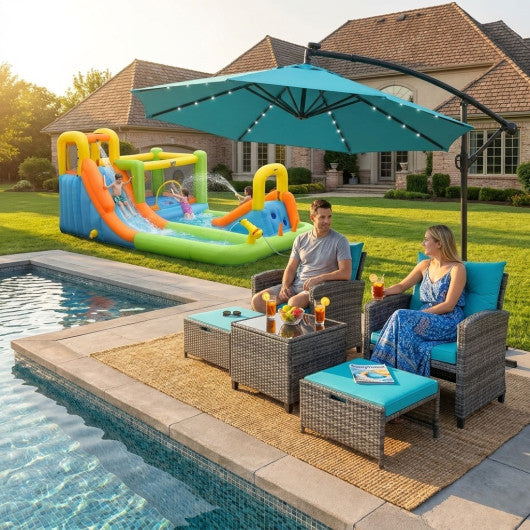 Summer Patio Luxury Bundle: 5-Pc Rattan Furniture Set  8-in-1 Water Slide & 10ft LED Offset Umbrella