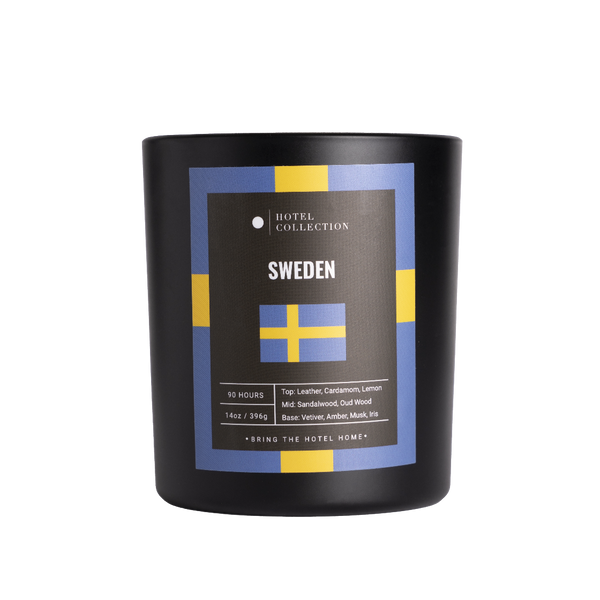 Black candle with 'Sweden' label and Swedish flag design on a white background