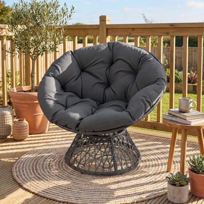 Swivel Papasan Chair Round Wicker Lounge Chair with Thick Cushion-Grey