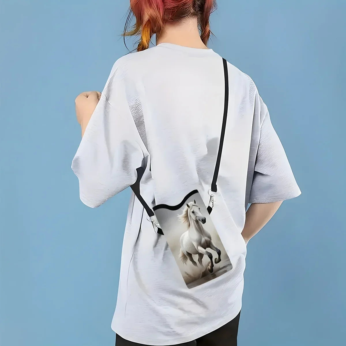 Synthetic Leather Phone Bag - Horse Print Adjustable Strap