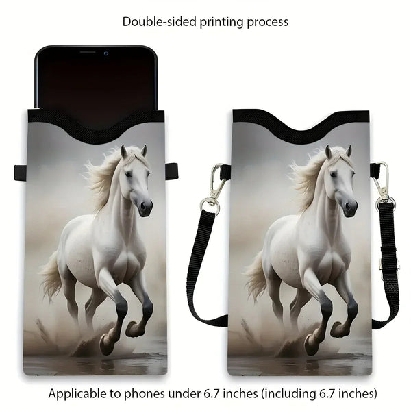 Synthetic Leather Phone Bag - Horse Print Adjustable Strap