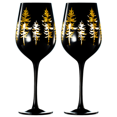 Crystal Winter Trees Black & Gold Stemmed Wine Glasses - Set of 2 - Glass Colored Vibrant Black & Gold Etched Forest Tree Frosted Glass, Perfect for Parties Gifts For Him Her (14 OZ)