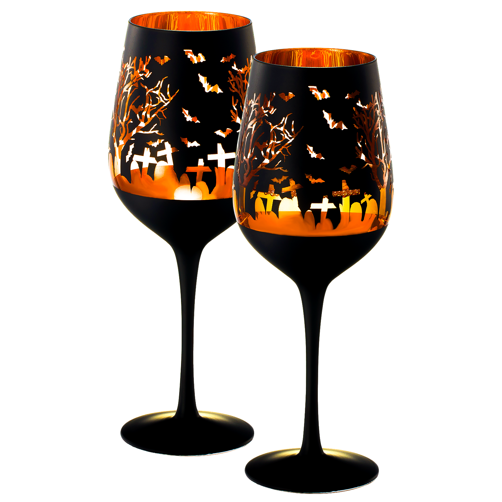 Crystal Halloween Stemmed Wine Glasses - Set of 2 - Themed Vibrant Black & Gold Etched Spooky Graveyard Pattern Frosted Glass, Perfect for Themed Gothic Parties Trick Or Treat Gift For Him Her (14 OZ)