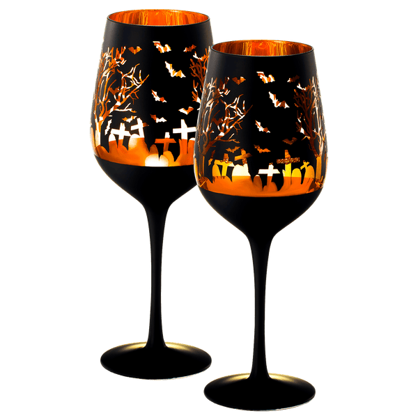 Crystal Halloween Stemmed Wine Glasses - Set of 2 - Themed Vibrant Black & Gold Etched Spooky Graveyard Pattern Frosted Glass, Perfect for Themed Gothic Parties Trick Or Treat Gift For Him Her (14 OZ)