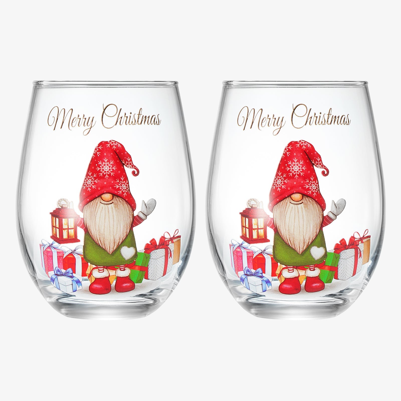 Stemless Christmas Gnome Wine Glass - SINGLE Red Green Cheer for Holiday Gift and Winter Season - 17 oz Stemless Decorated Ornament Wine Tumblers for Holiday Season and Winter by GUTE - 4.7