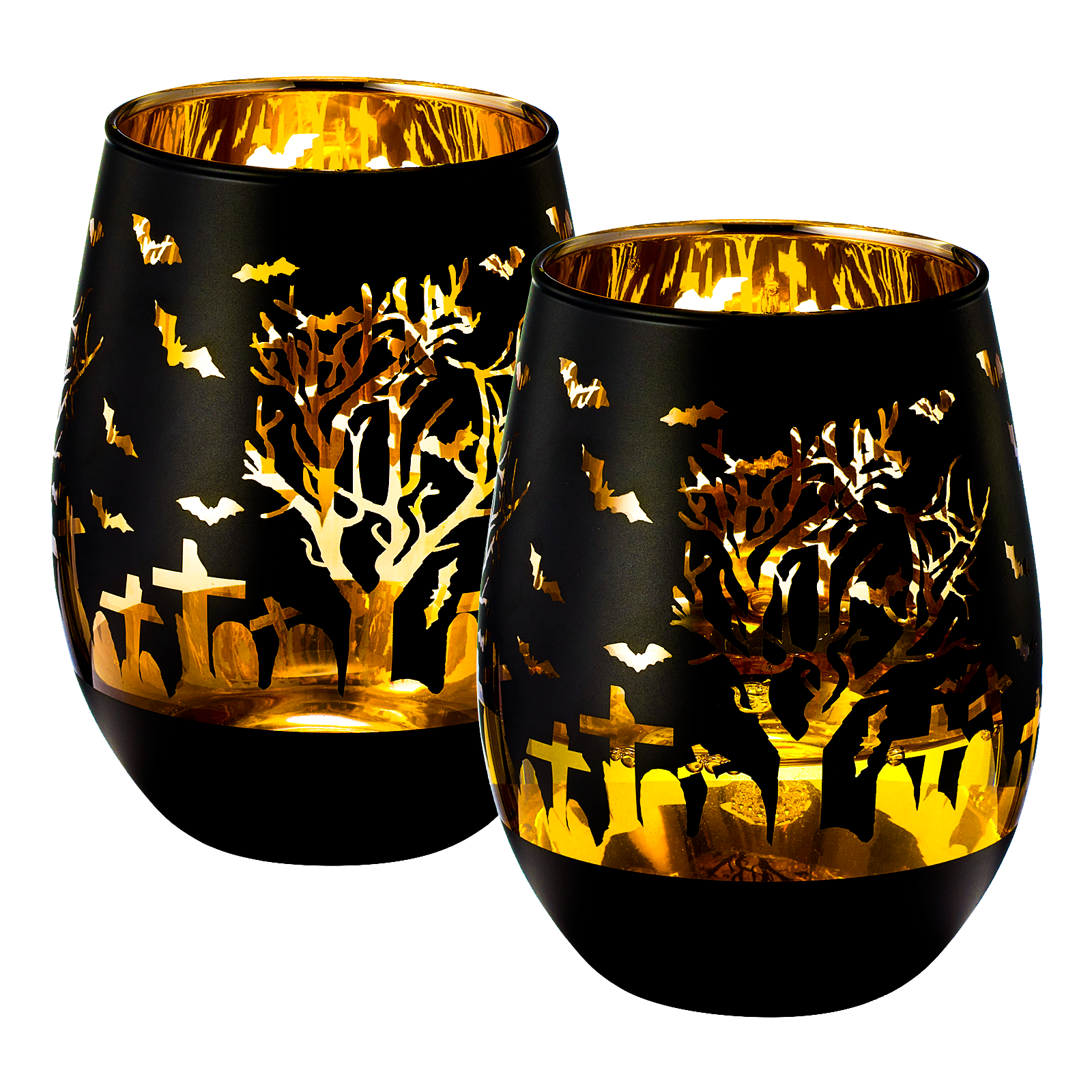 Crystal Halloween Stemless Wine Glass - Set of 2 - Themed Vibrant Black & Gold Etched Spooky Graveyard Pattern Frosted Glass, Perfect for Themed Gothic Parties Trick Or Treat Gift For Him Her (16 OZ)