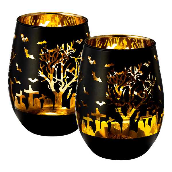 Crystal Halloween Stemless Wine Glass - Set of 2 - Themed Vibrant Black & Gold Etched Spooky Graveyard Pattern Frosted Glass, Perfect for Themed Gothic Parties Trick Or Treat Gift For Him Her (16 OZ)