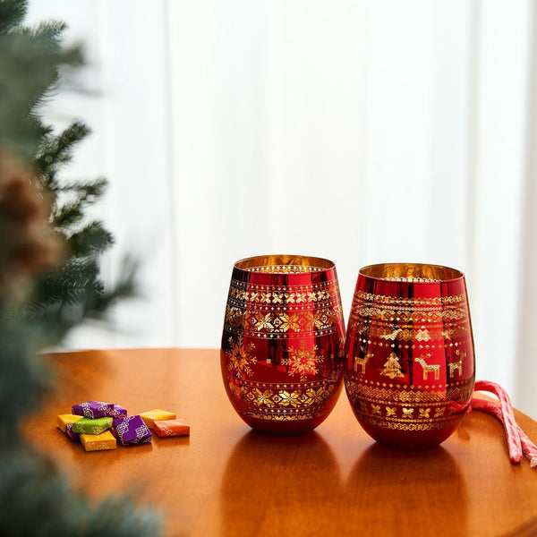 Crystal Christmas Tree Wine & Water Glasses - Set of 2 - Holiday Themed Red & Gold Etched Winter Snow Wonderland Frosted Glass, Perfect Seasonal Parties, Gifts Him & Her Trees Décor - Stemless Trees