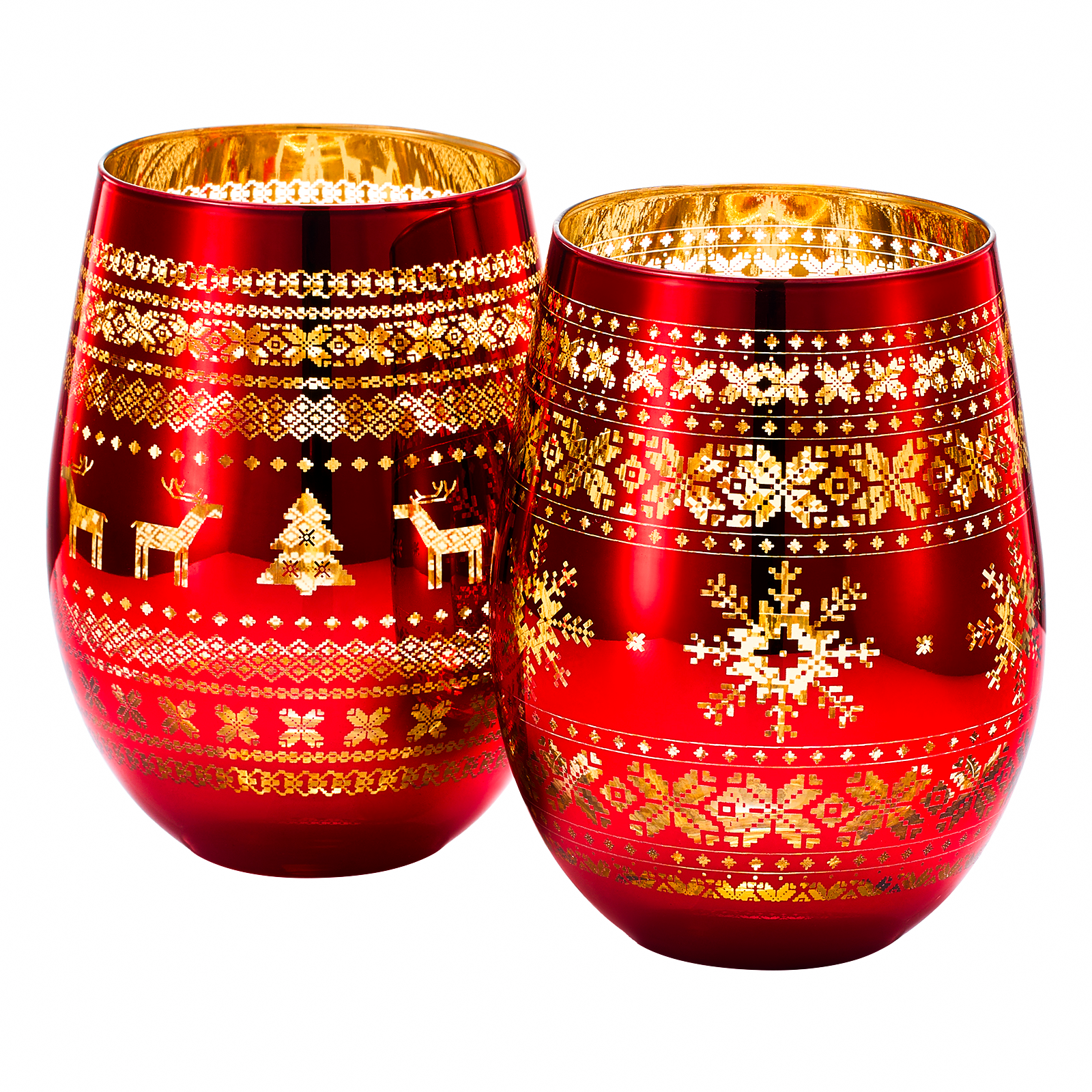Crystal Christmas Tree Wine & Water Glasses - Set of 2 - Holiday Themed Red & Gold Etched Winter Snow Wonderland Frosted Glass, Perfect Seasonal Parties, Gifts Him & Her Trees Décor - Stemless Trees