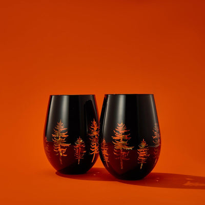 Crystal Holiday Winter Christmas Trees Black & Gold Stemless Wine Glasses - Set of 2 - Glass Colored Vibrant Etched Forest Tree Frosted Glass, Perfect for Parties Gifts For Him Her Gift (14 OZ)