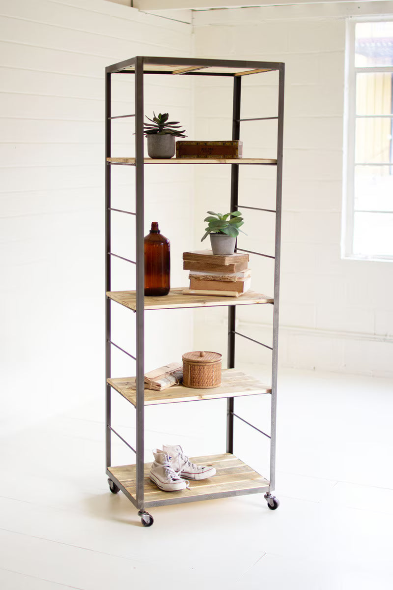 TALL SHELVING UNIT WITH ADJUSTABLE RECYCLED WOOD SHELVES