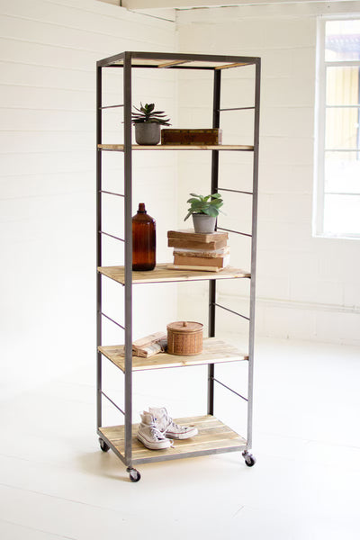 TALL SHELVING UNIT WITH ADJUSTABLE RECYCLED WOOD SHELVES
