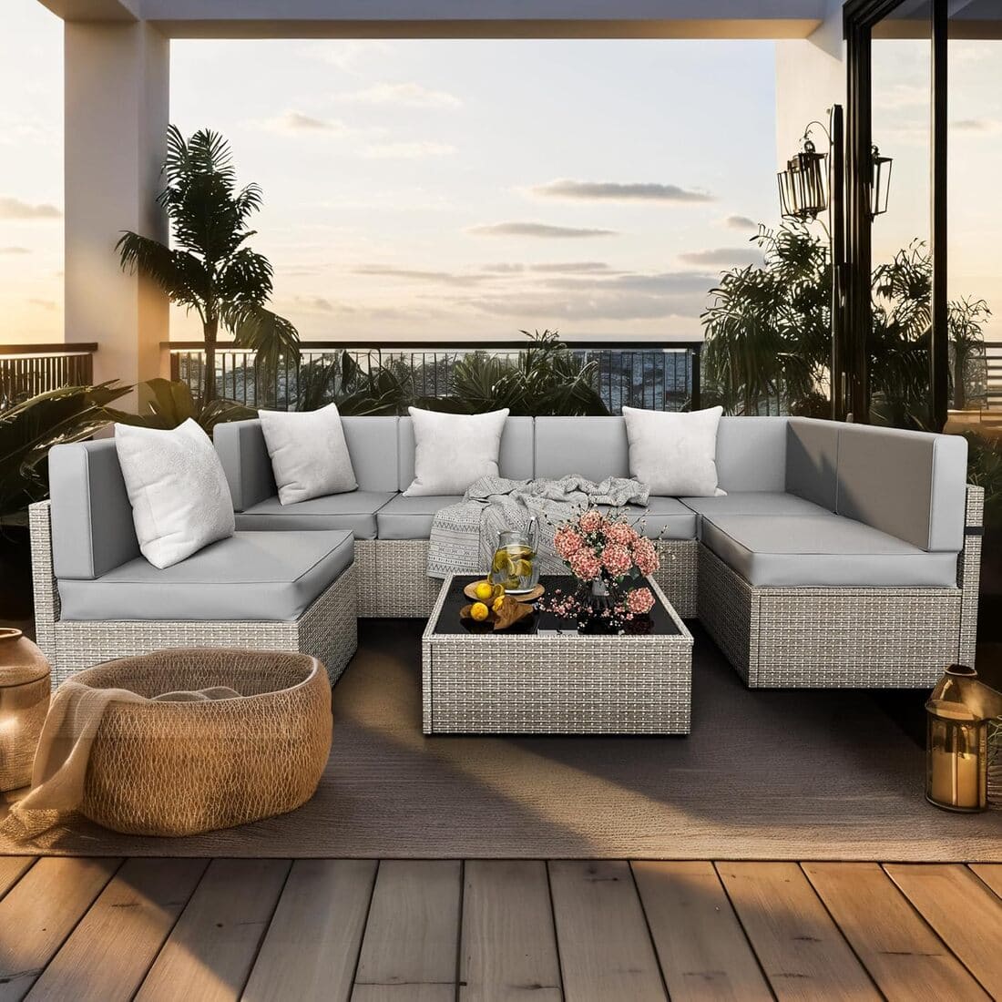 Pamapic Rattan Outdoor Sectional Couch Set  (7 Pieces)