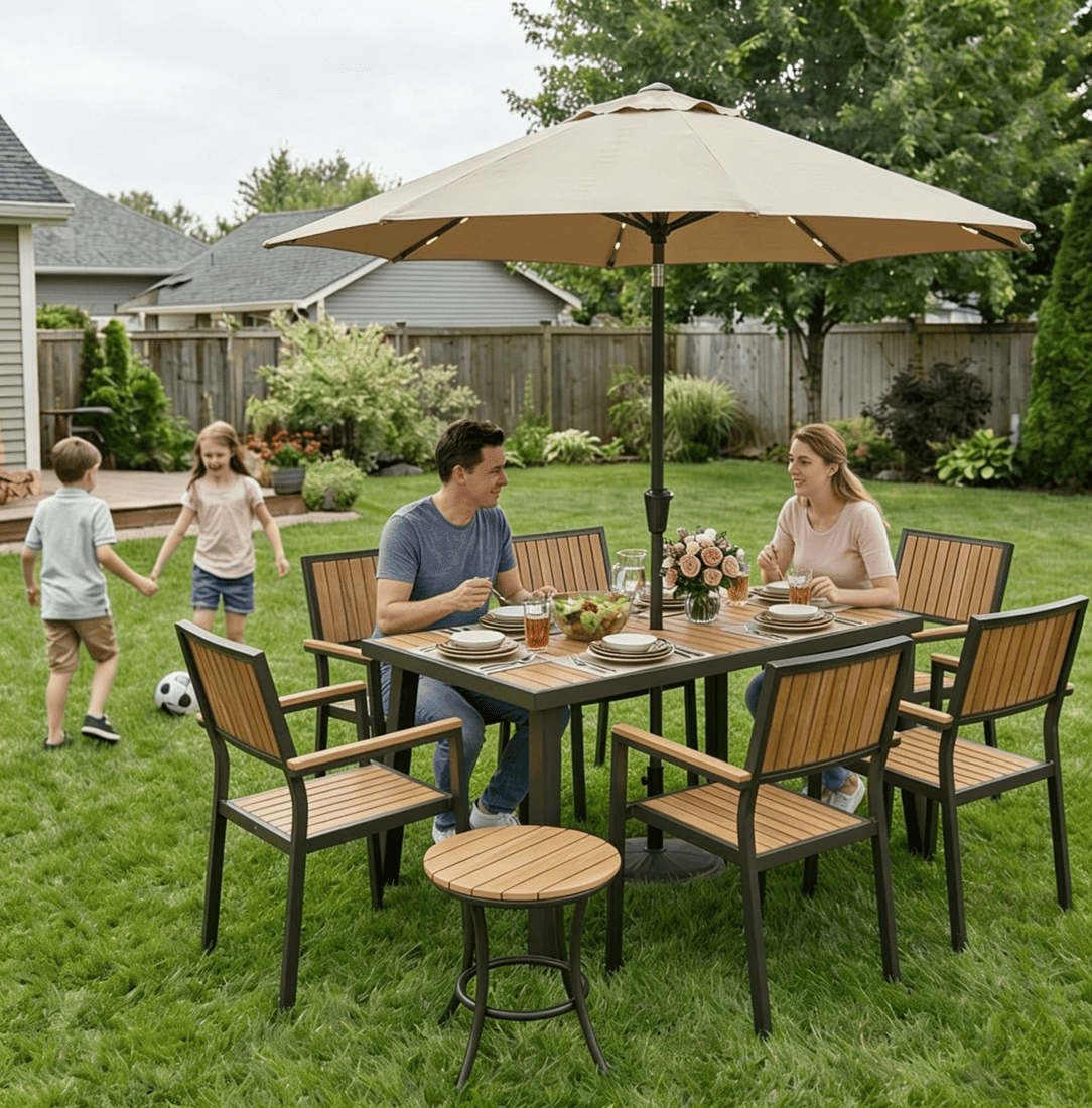 Pamapic Aluminum and Plastic-Wood Outdoor Dining Table Set