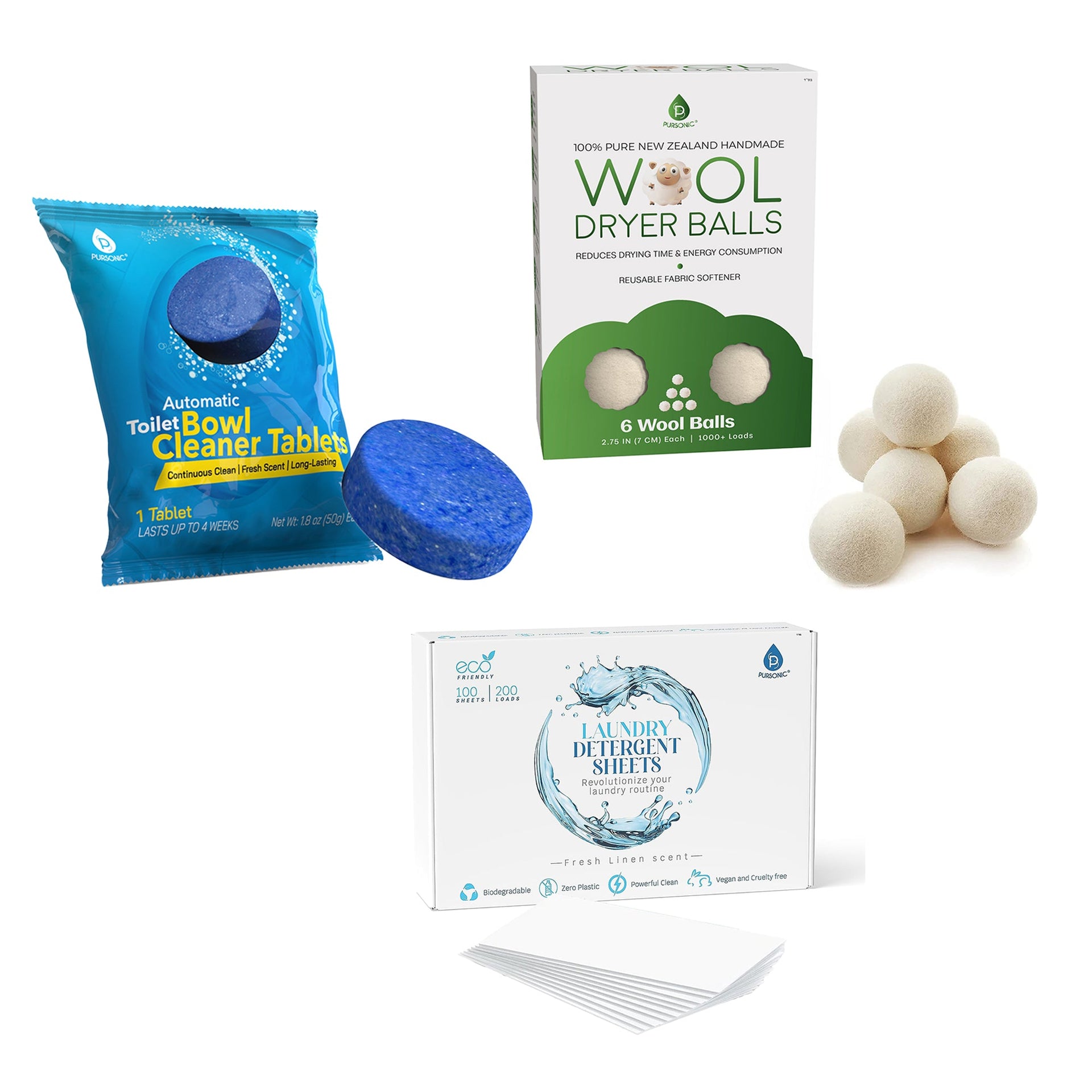Pursonic Eco Home Essentials Bundle: Toilet Cleaner Tablets + Wool Dryer Balls + Eco Laundry Detergent Sheets