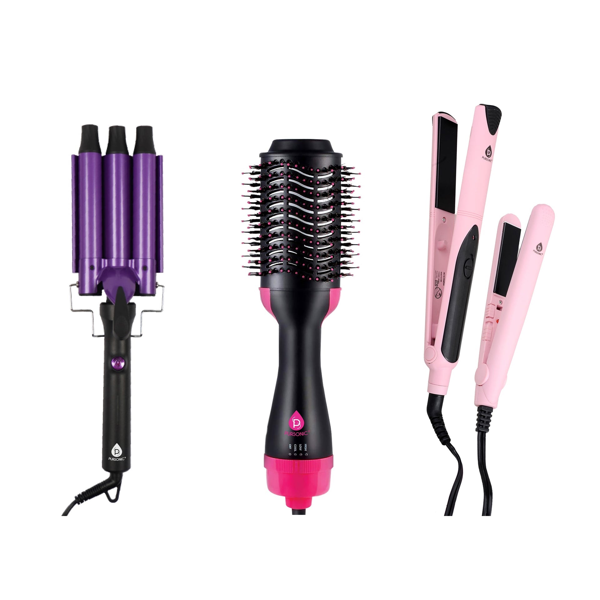 Professional Hair Styling Trio: Triple Barrel Curler, One-Step Volumizer & Flat Iron Duo Pack