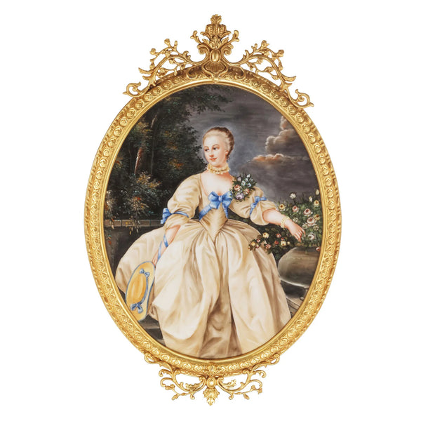 Lady In White Porcelain Painting In Bronze Frame