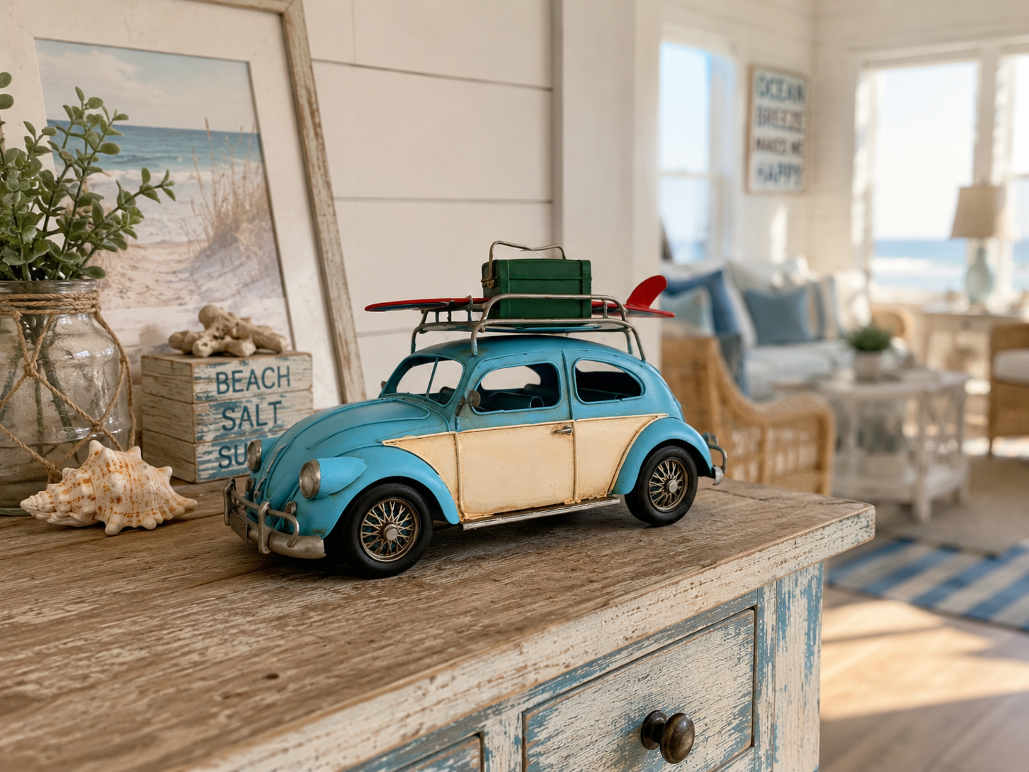 Vintage Coastal Beetle Metal Car Model with Surfboard & Roof Luggage