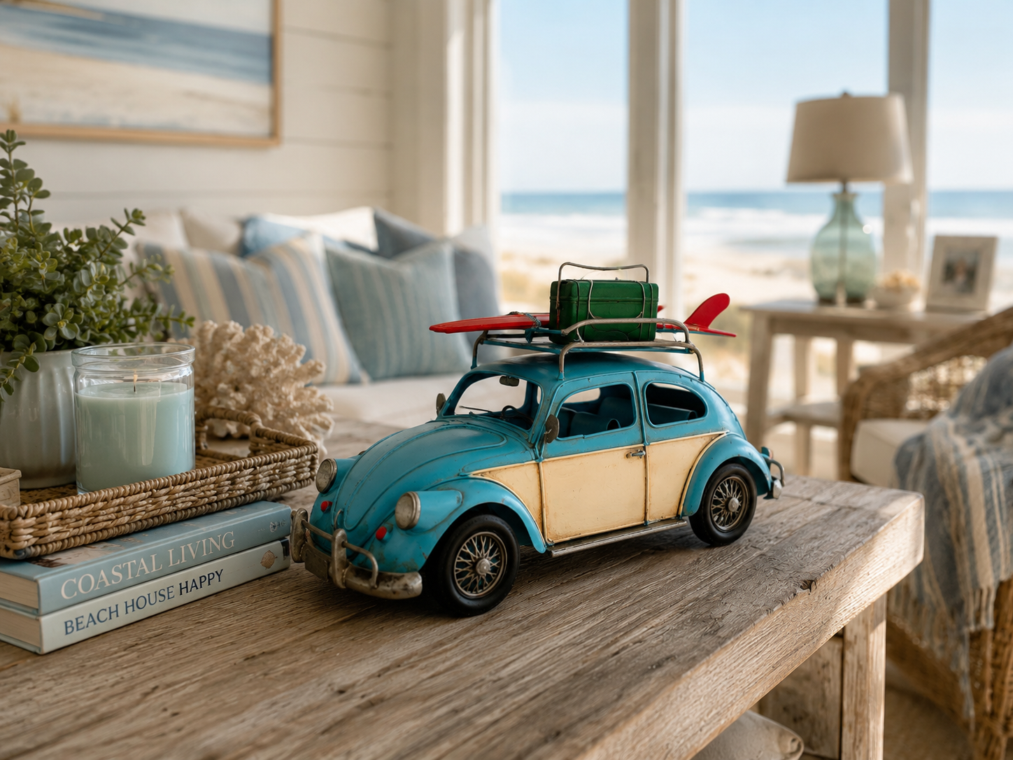 Vintage Coastal Beetle Metal Car Model with Surfboard & Roof Luggage