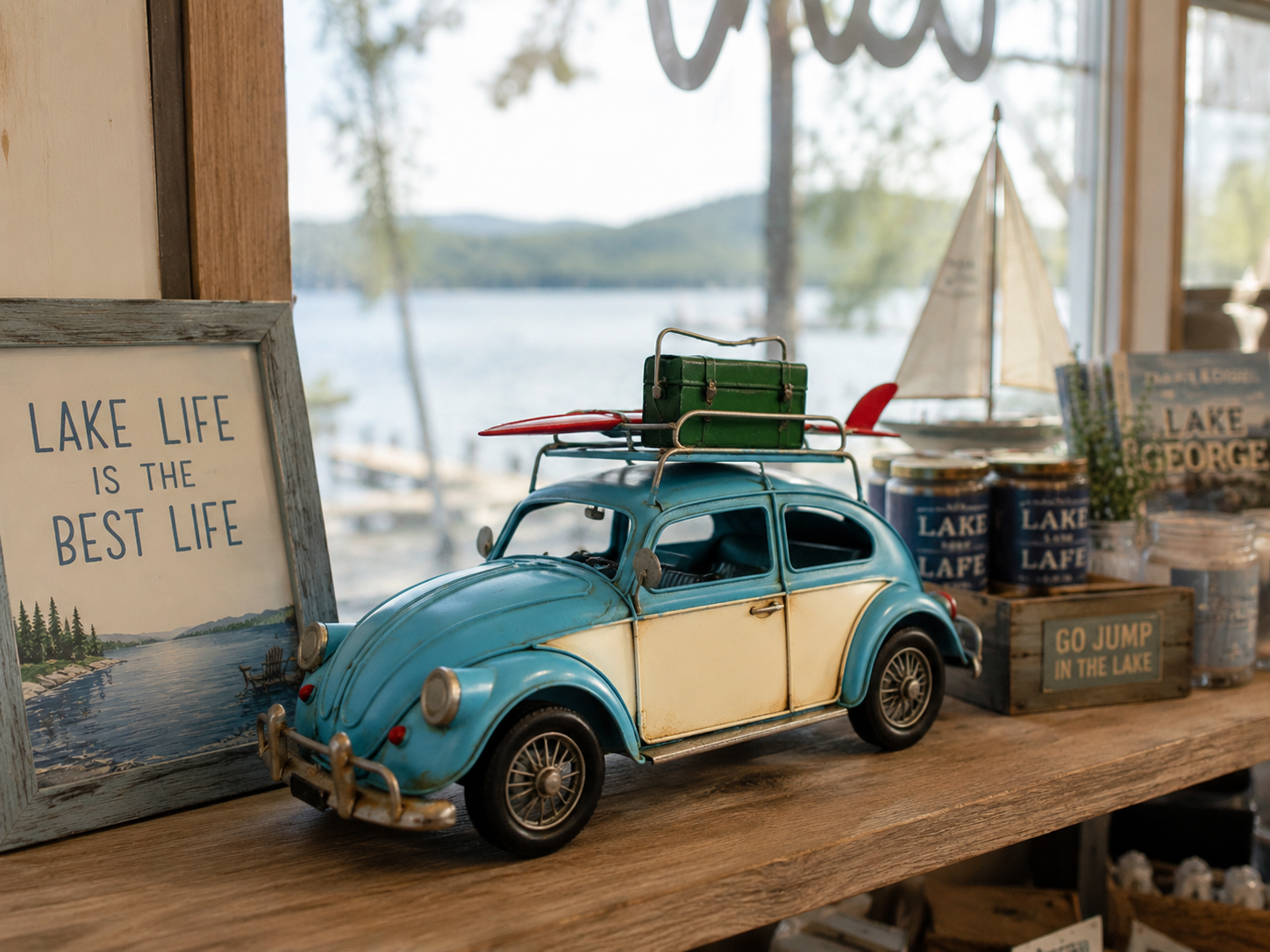 Vintage Coastal Beetle Metal Car Model with Surfboard & Roof Luggage