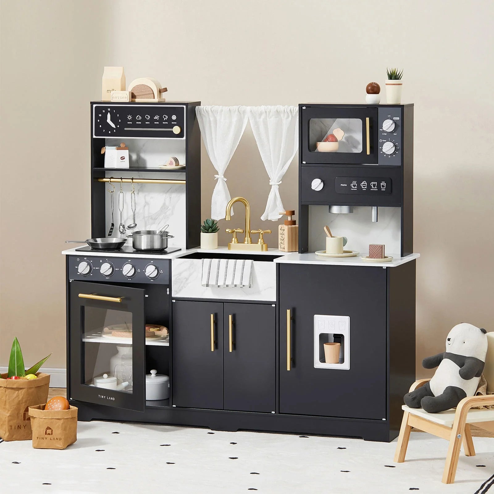 Tiny Land® Iconic Wooden Play Kitchen – Black Pretend Cooking Set for Kids