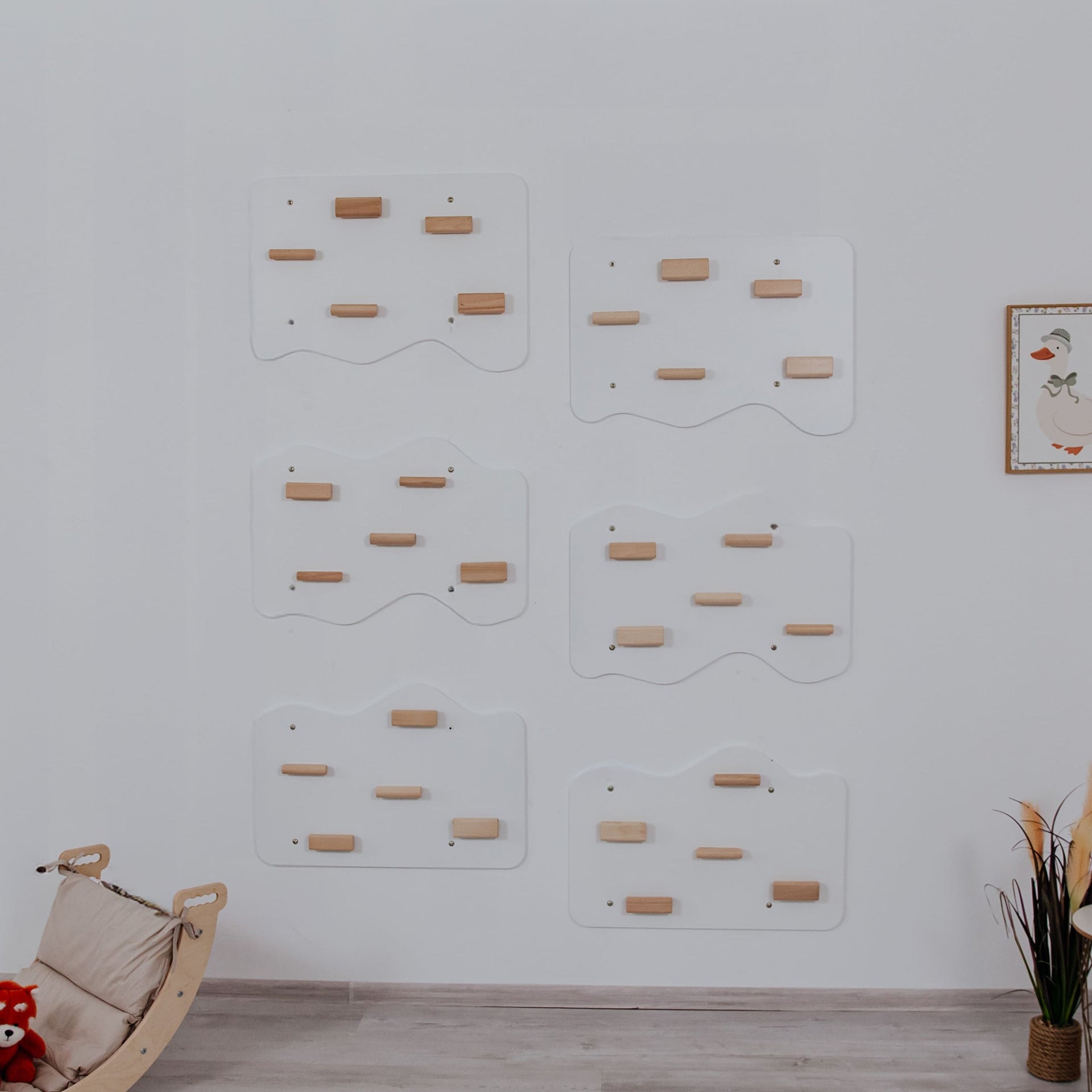 Indoor Rock Wall with Cloud-Shaped Panels & Wooden Climbing Holds for Kids 3-10