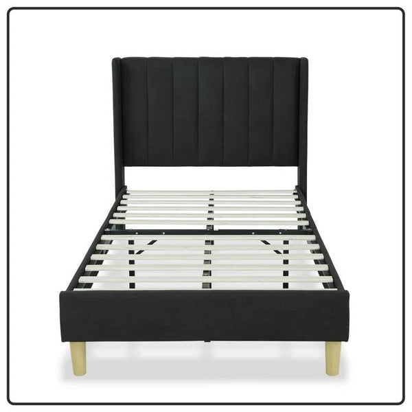 Twin size Mid-Century Black Linen Platform Bed Frame with Upholstered Headboard