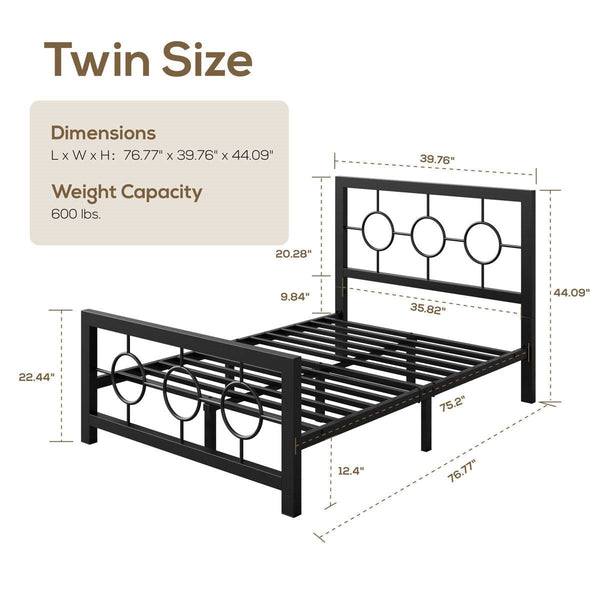 Twin Black Metal Platform Bed Frame with Circle Medallion Headboard Footboard