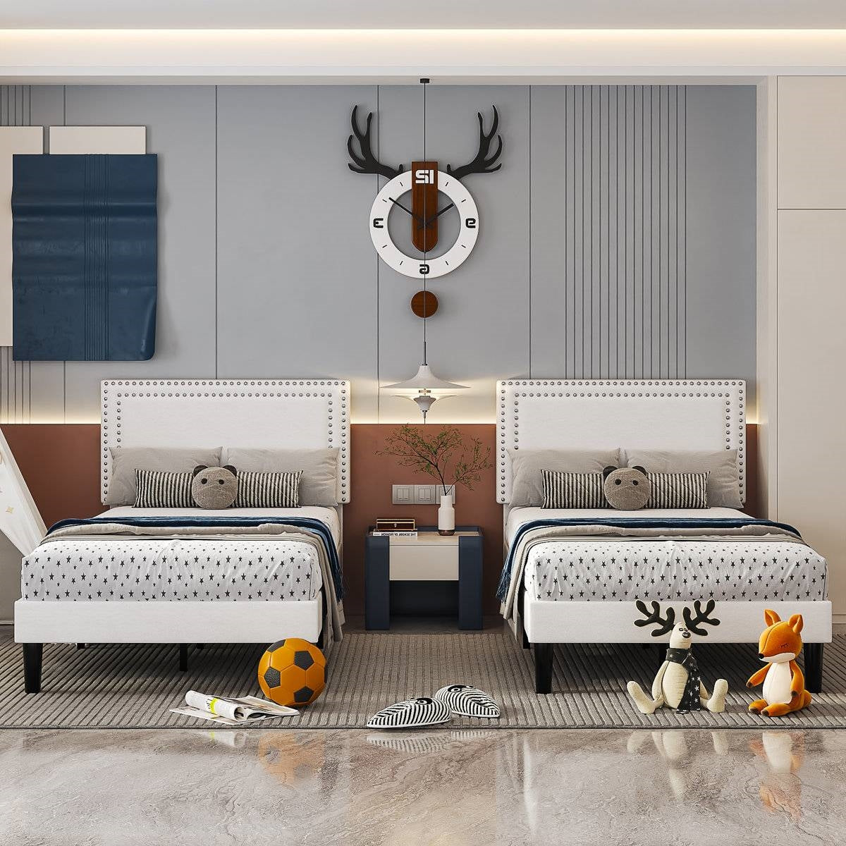 Set of 2 - Twin size White Tufted Upholstered Platform Bed Frame with Headboard