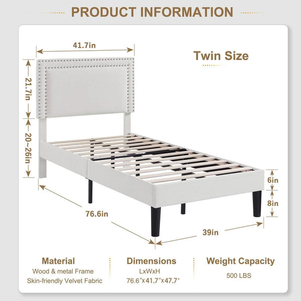 Set of 2 - Twin size White Tufted Upholstered Platform Bed Frame with Headboard