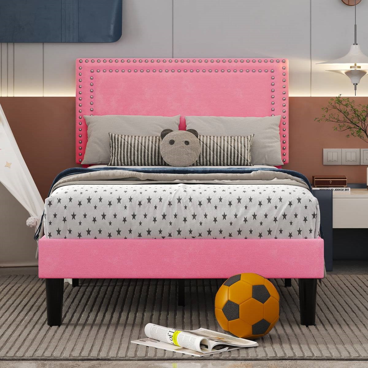 Set of 2 - Twin size Pink Upholstered Platform Bed with Nailhead Trim Headboard