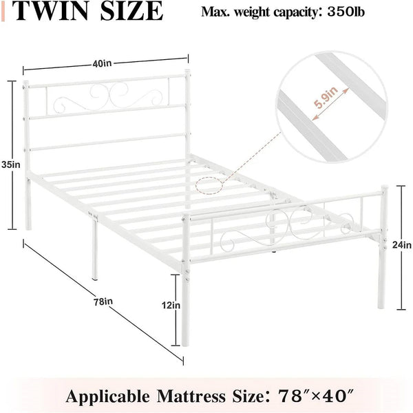 Twin size White Metal Platform Bed Frame with Headboard and Footboard