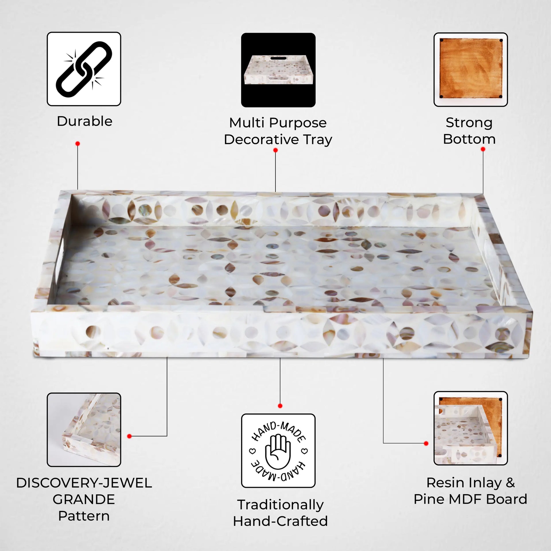 Decorative Tray Discovery Jewel Grande Pattern Mother of Pearl & Resin Inlay Collection in 2 Sizes